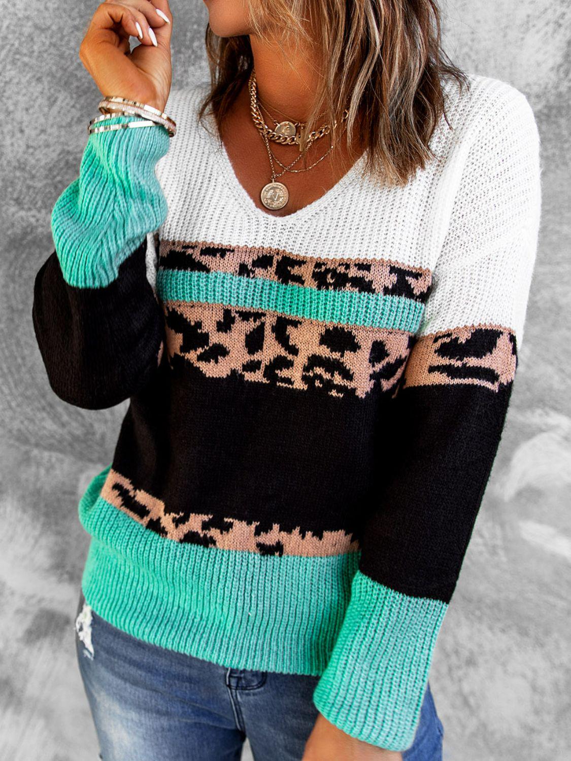 Leopard Color Block V-Neck Rib-Knit Sweater-TOPS / DRESSES-[Adult]-[Female]-Blue Zone Planet