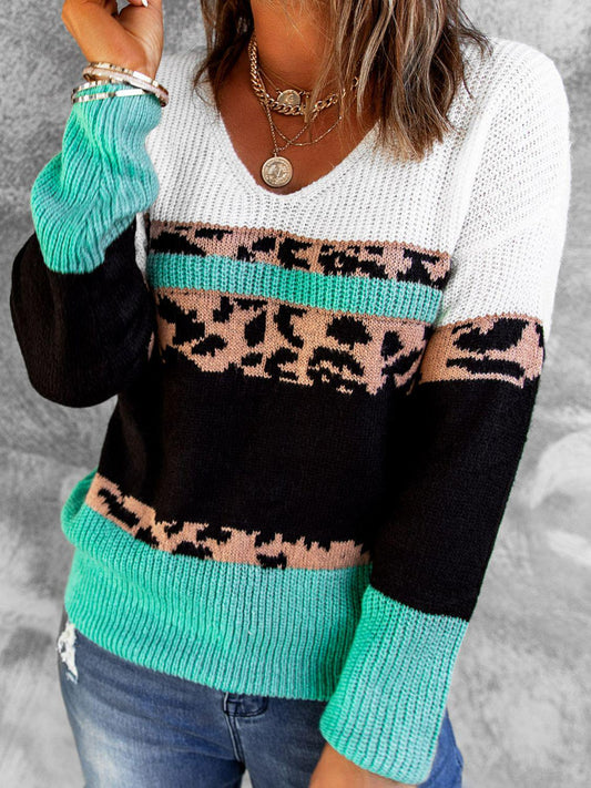 Leopard Color Block V-Neck Rib-Knit Sweater-TOPS / DRESSES-[Adult]-[Female]-Green-S-Blue Zone Planet