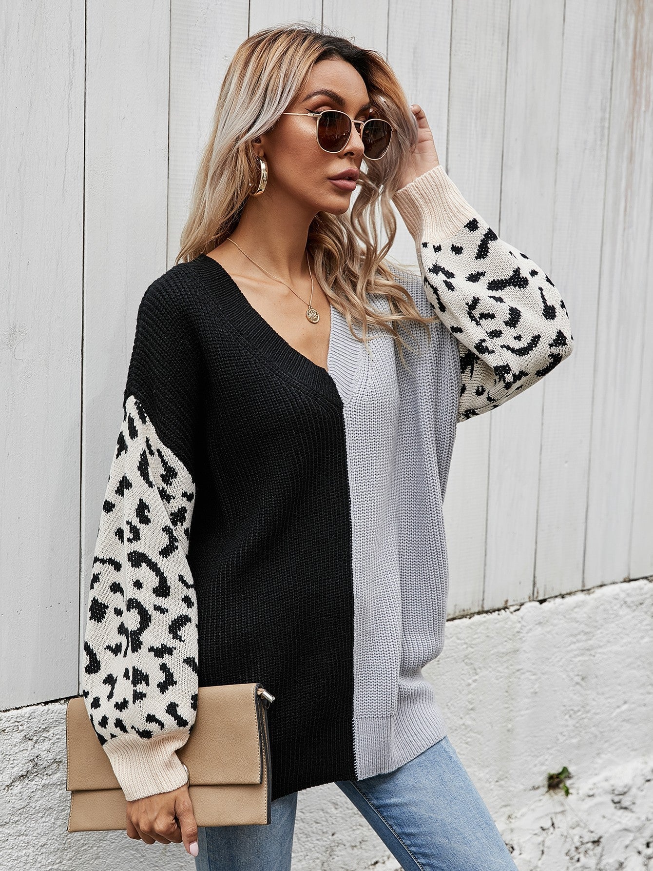 Leopard Color Block V-Neck Tunic Pullover Sweater-TOPS / DRESSES-[Adult]-[Female]-2022 Online Blue Zone Planet