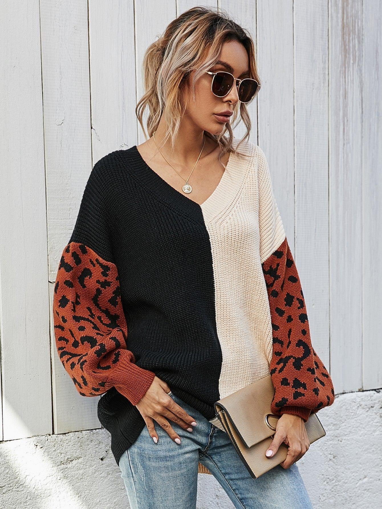 Leopard Color Block V-Neck Tunic Pullover Sweater-TOPS / DRESSES-[Adult]-[Female]-Black/Beige-S-2022 Online Blue Zone Planet