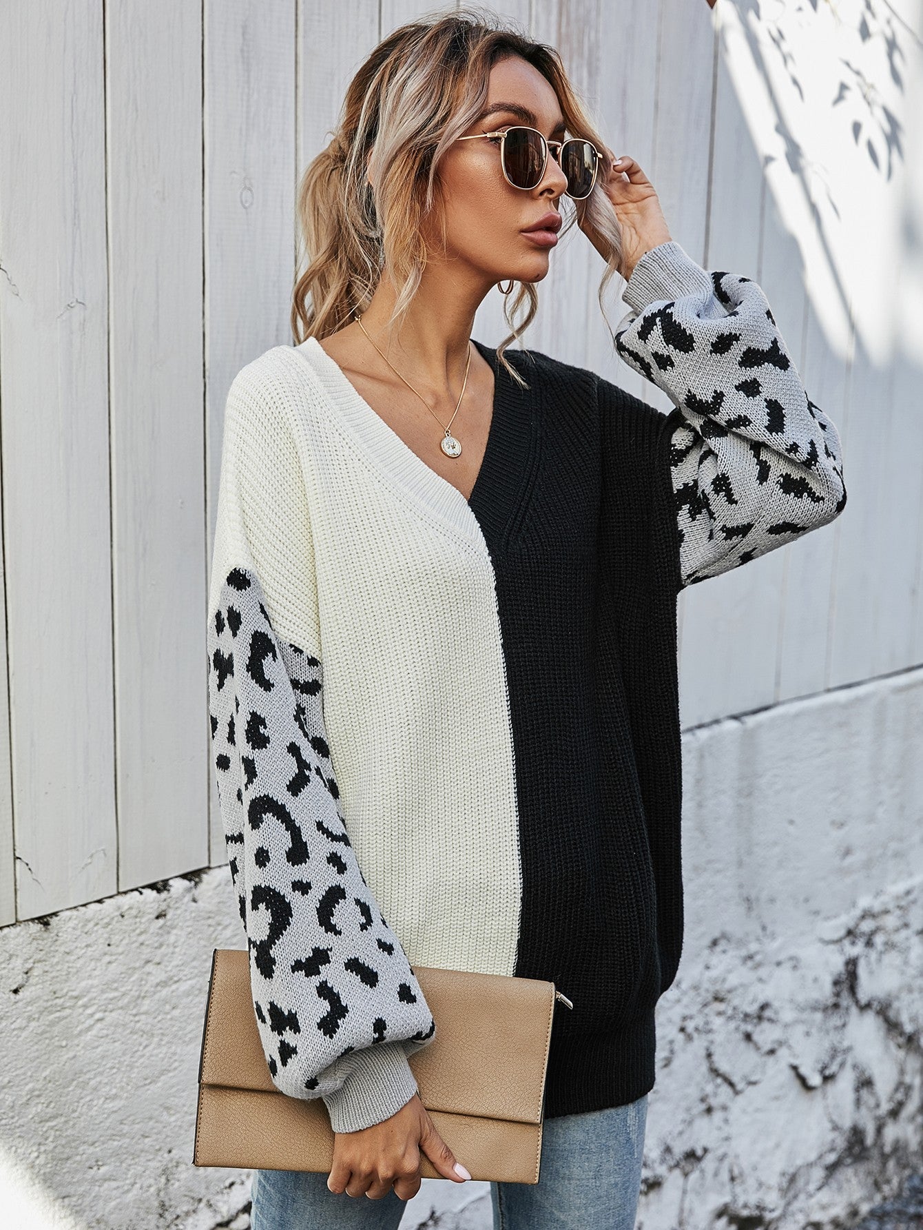 Leopard Color Block V-Neck Tunic Pullover Sweater-TOPS / DRESSES-[Adult]-[Female]-White/Black-S-2022 Online Blue Zone Planet