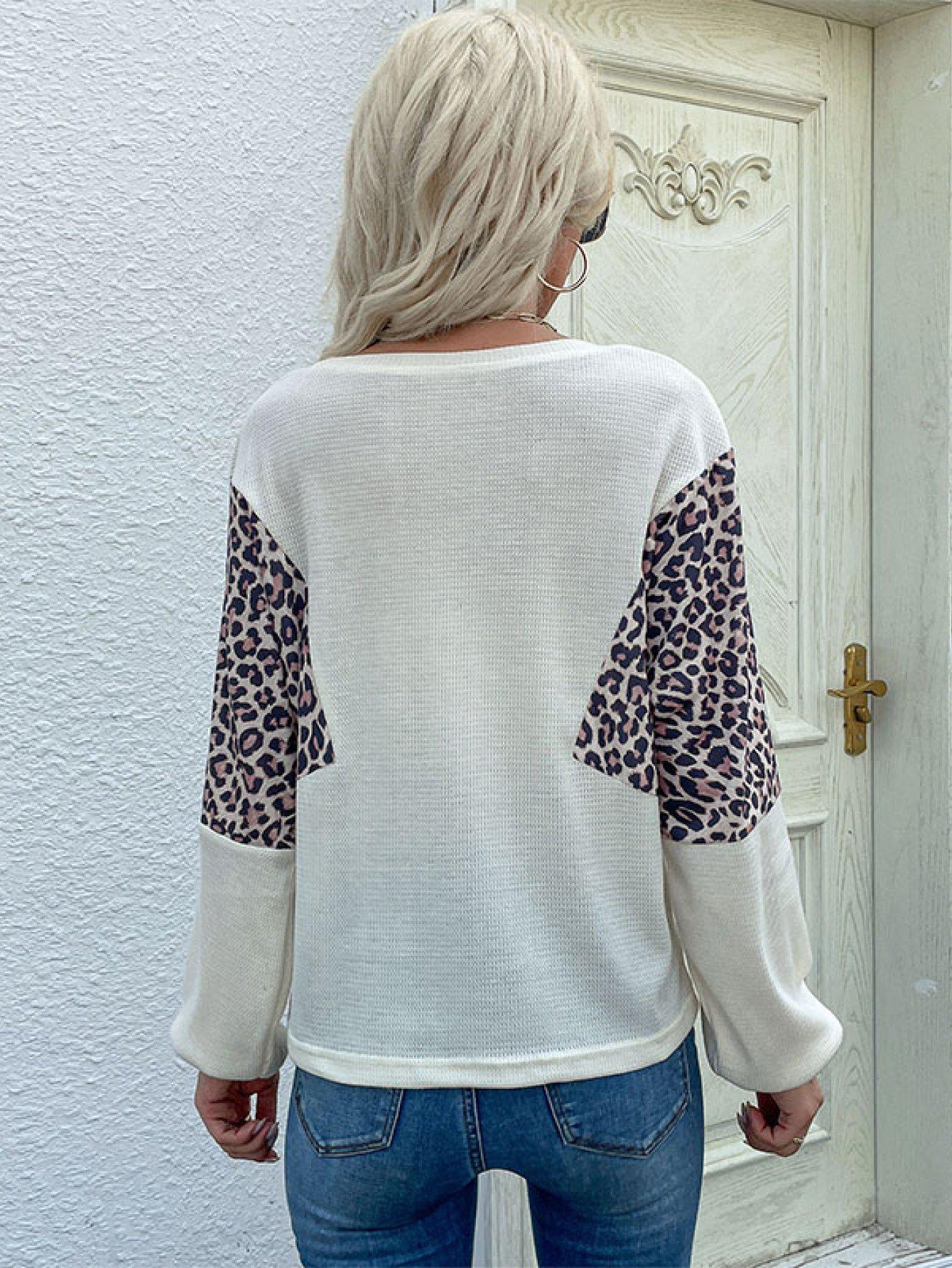 Leopard Color Block Waffle Knit Top-NEW ARRIVALS-[Adult]-[Female]-Blue Zone Planet