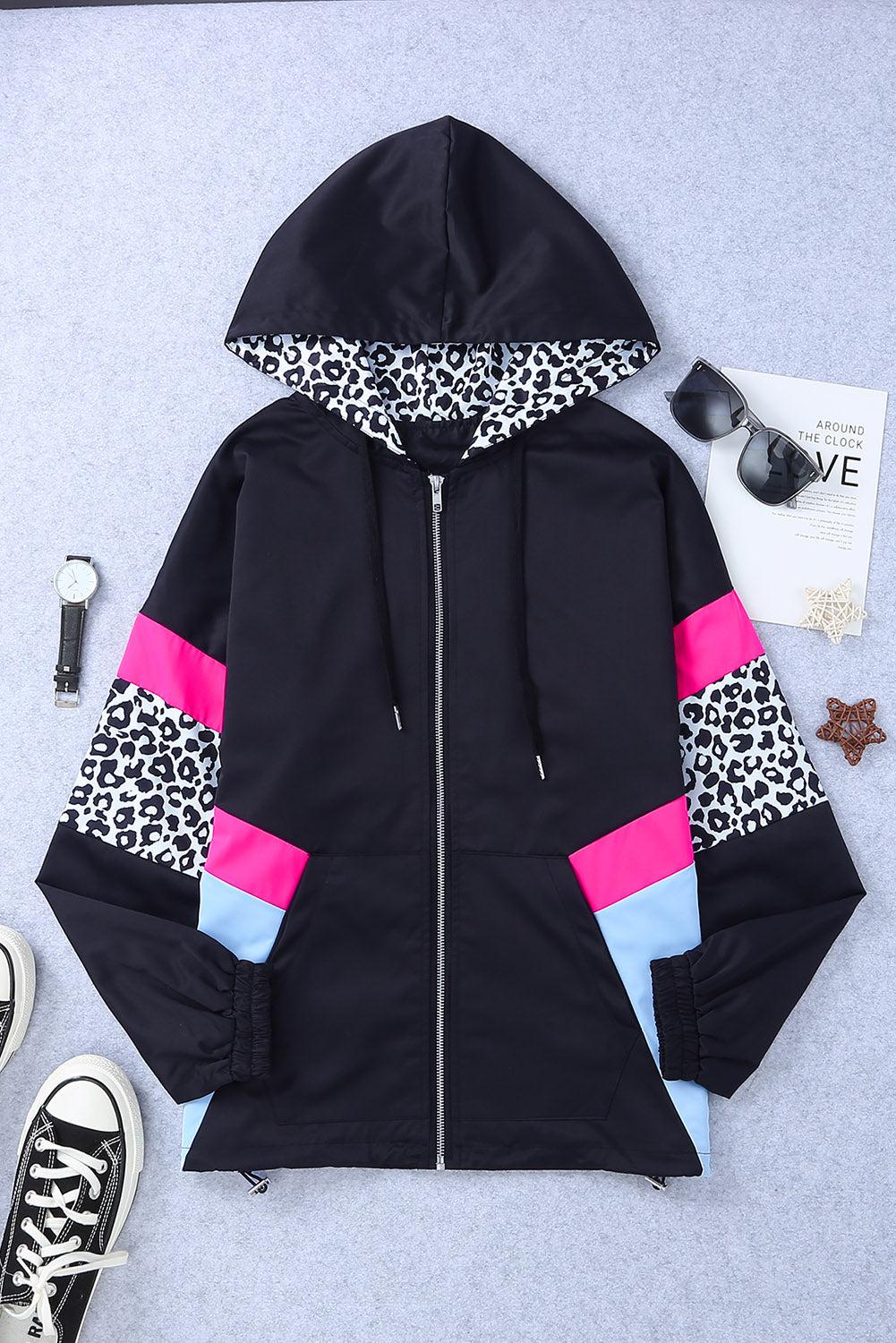 Leopard Color Block Zip-Up Hooded Jacket BLUE ZONE PLANET