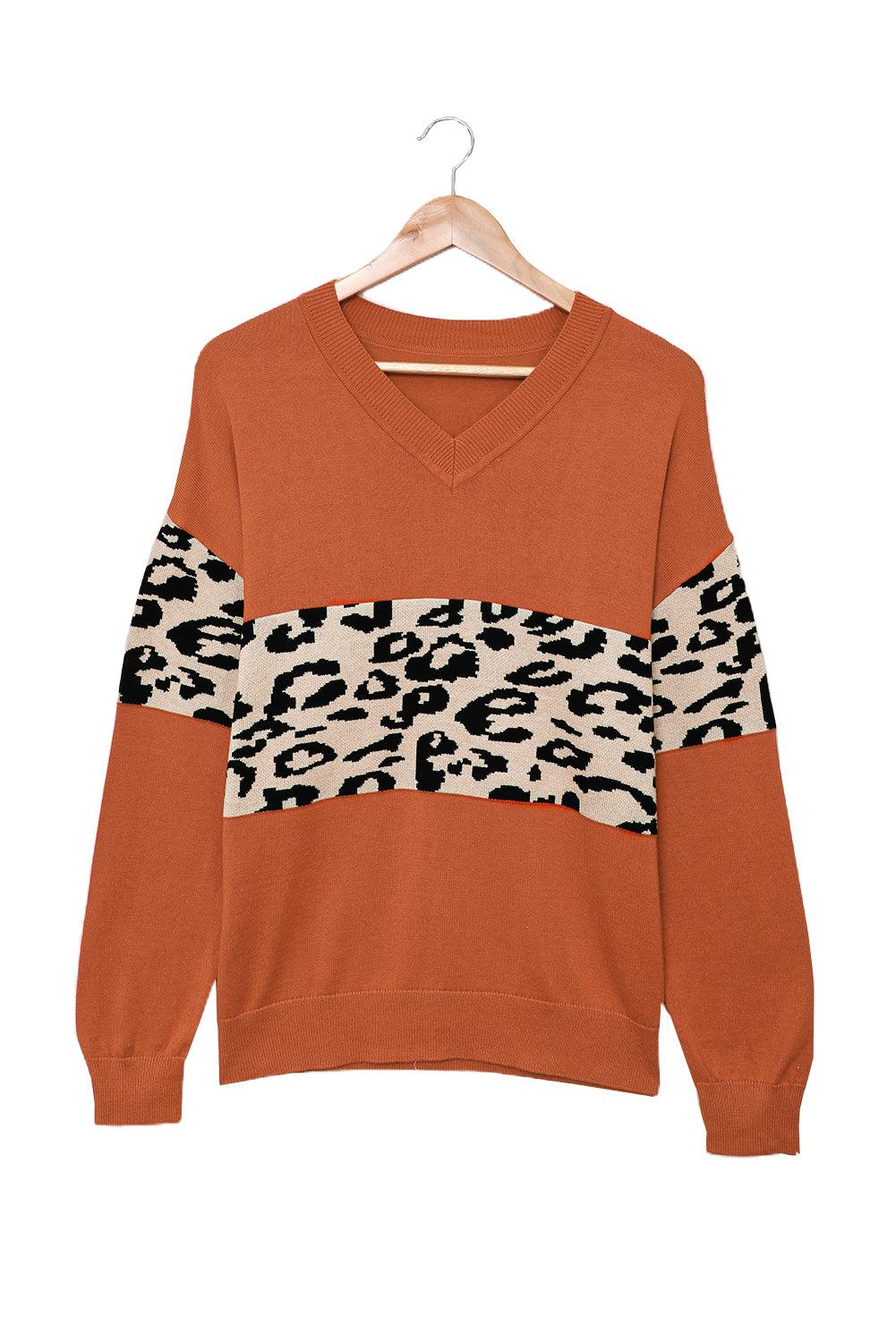 Leopard Colorblock V Neck Knit Sweater Blue Zone Planet