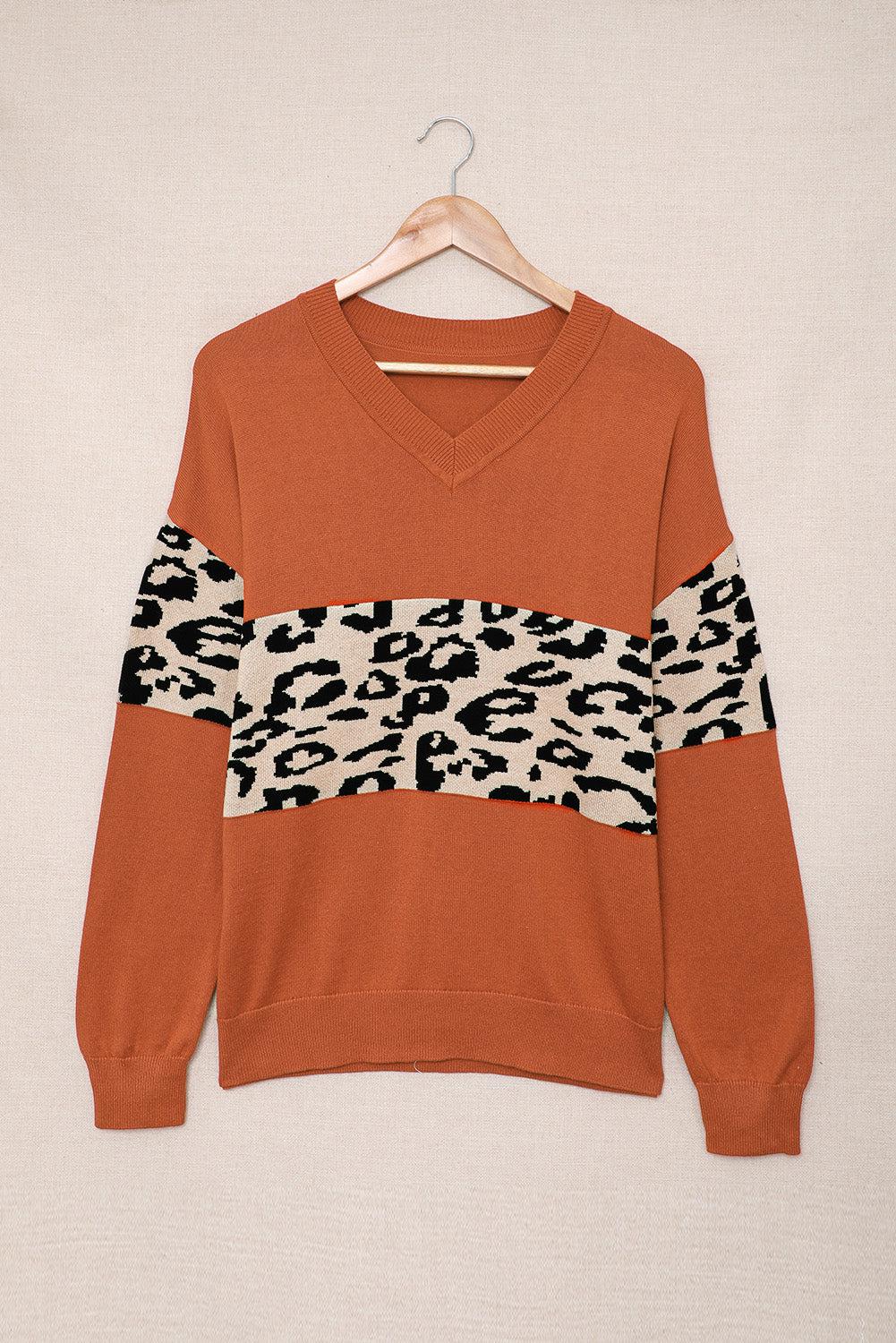 Leopard Colorblock V Neck Knit Sweater Blue Zone Planet