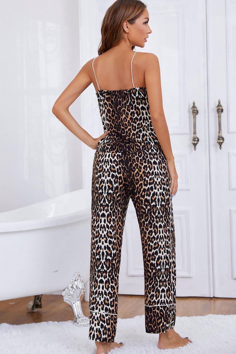 Leopard Contrast Piping Cami and Wide Leg Pants Lounge Set-TOPS / DRESSES-[Adult]-[Female]-2022 Online Blue Zone Planet