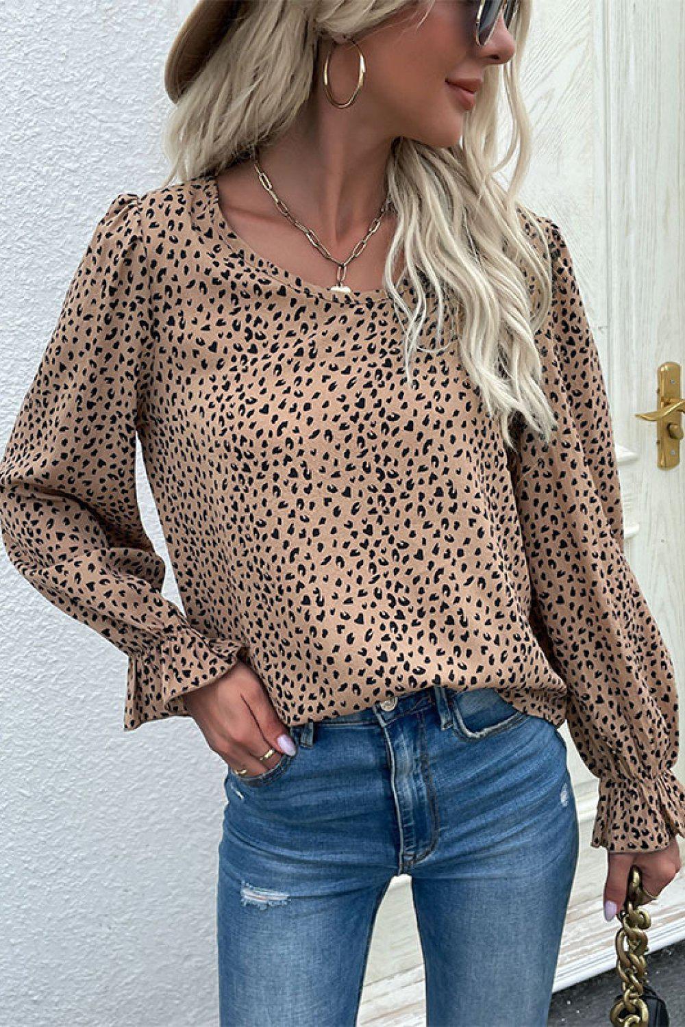 Leopard Flared Sleeve Round Neck Blouse-TOPS / DRESSES-[Adult]-[Female]-Blue Zone Planet