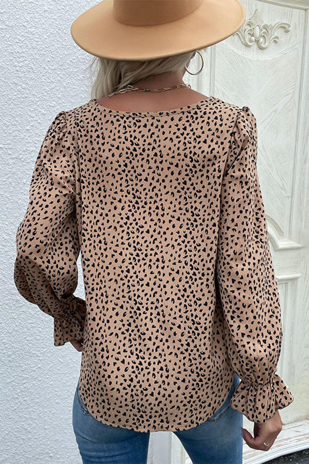 Leopard Flared Sleeve Round Neck Blouse-TOPS / DRESSES-[Adult]-[Female]-Blue Zone Planet