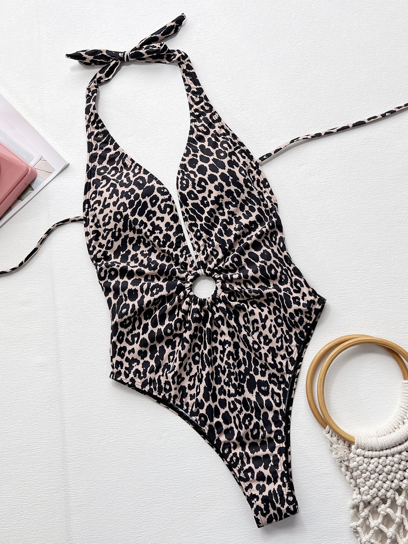 Leopard Halter Neck Ring Detail One-Piece Swimsuit BLUE ZONE PLANET