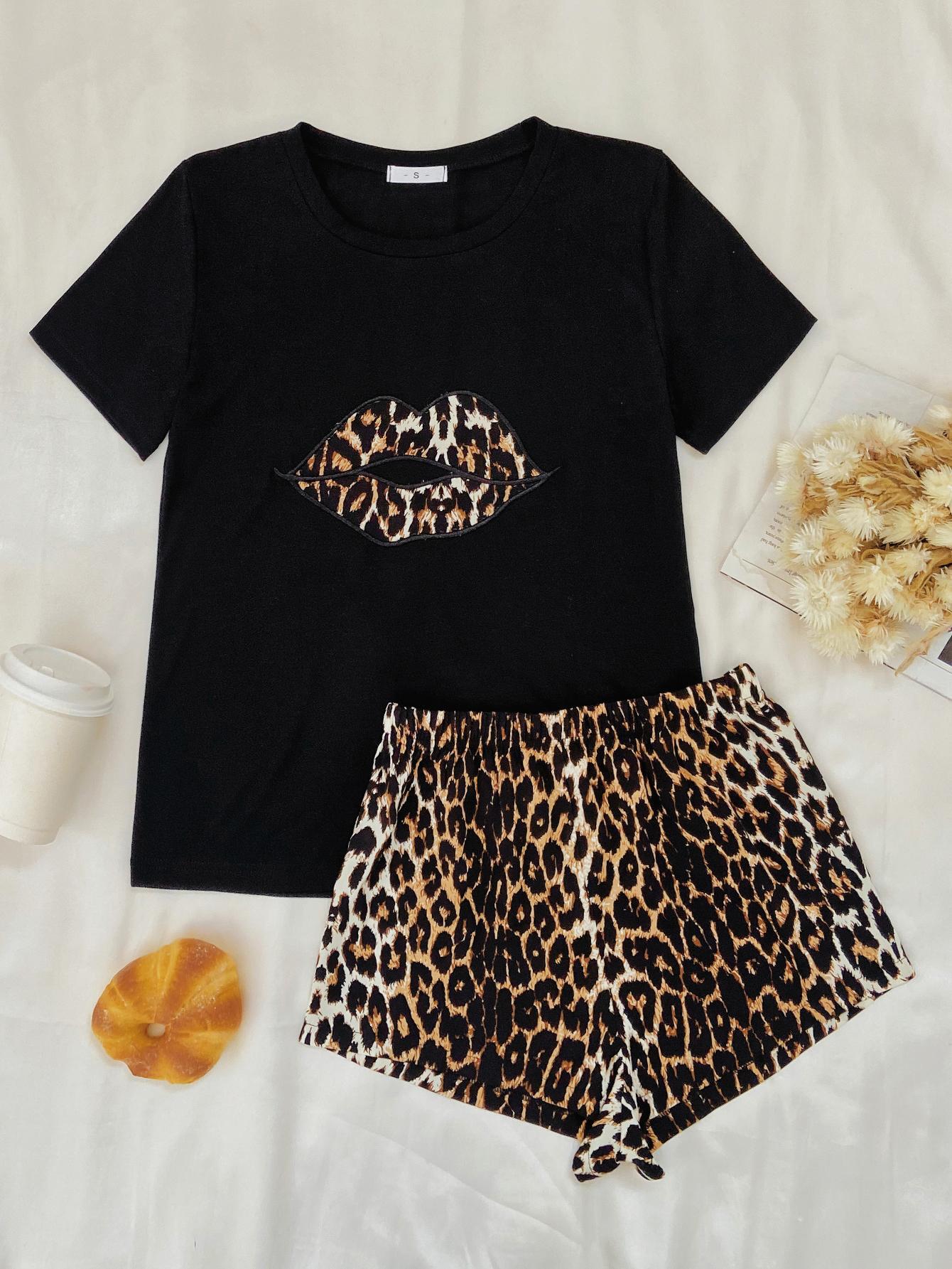 Leopard Lip Graphic Top and Shorts Lounge Set BLUE ZONE PLANET