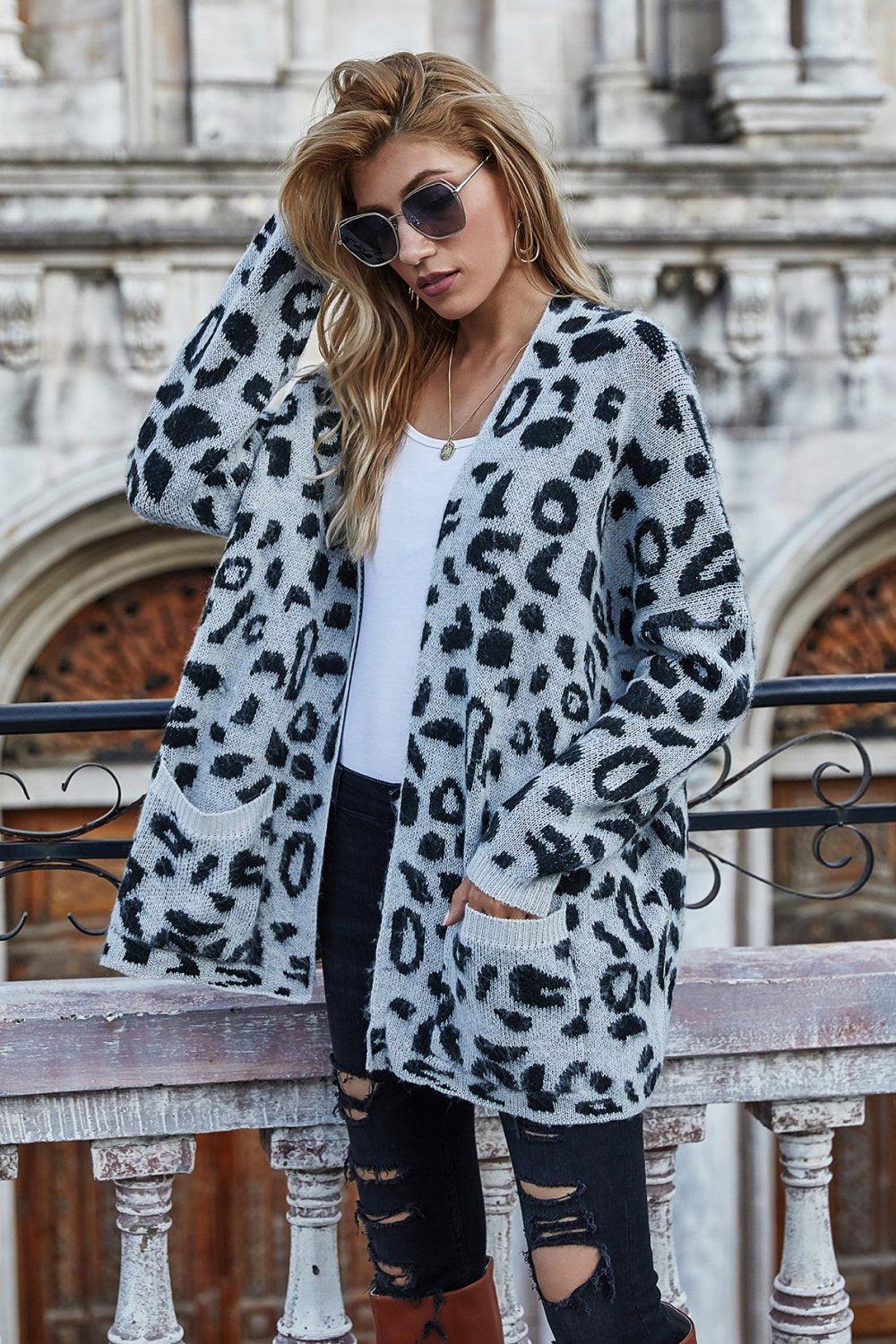 Leopard Longline Cardigan with Pockets-TOPS / DRESSES-[Adult]-[Female]-Steel-S-Blue Zone Planet