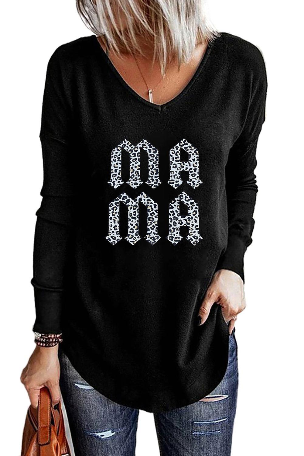 Leopard MAMA Graphic V-Neck Long Sleeve Top BLUE ZONE PLANET