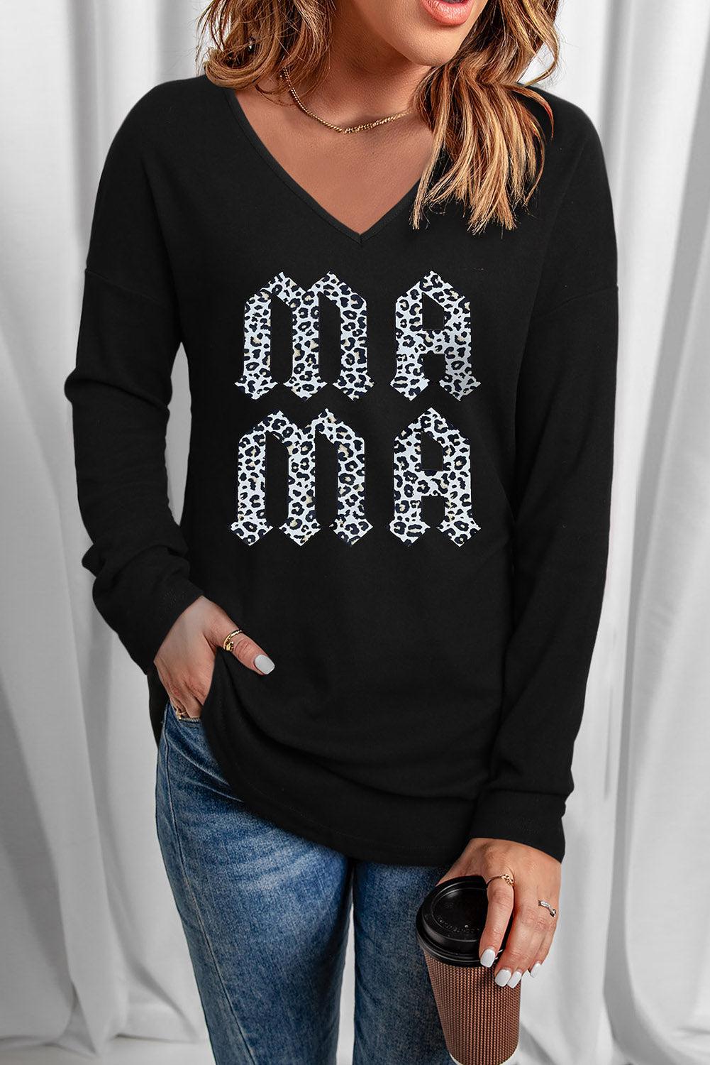 Leopard MAMA Graphic V-Neck Long Sleeve Top BLUE ZONE PLANET