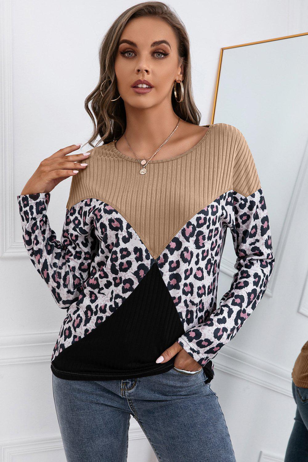 Leopard Patch Color Block Ribbed Top BLUE ZONE PLANET