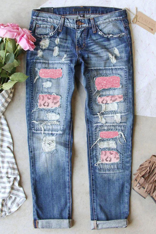 Leopard Patch Distressed Straight Leg Jeans BLUE ZONE PLANET