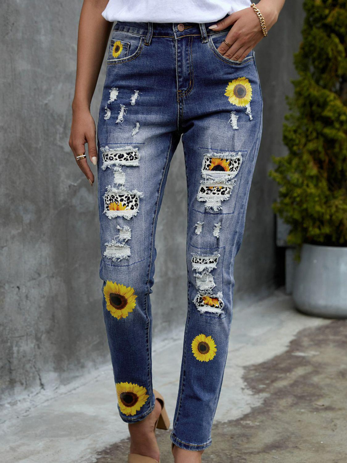 Leopard Patchwork Sunflower Print Distressed High Waist Jeans BLUE ZONE PLANET