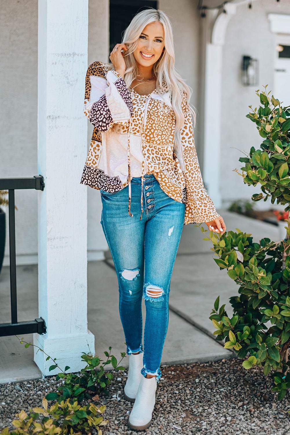 Leopard Patchwork Tied Flare Sleeve Blouse BLUE ZONE PLANET