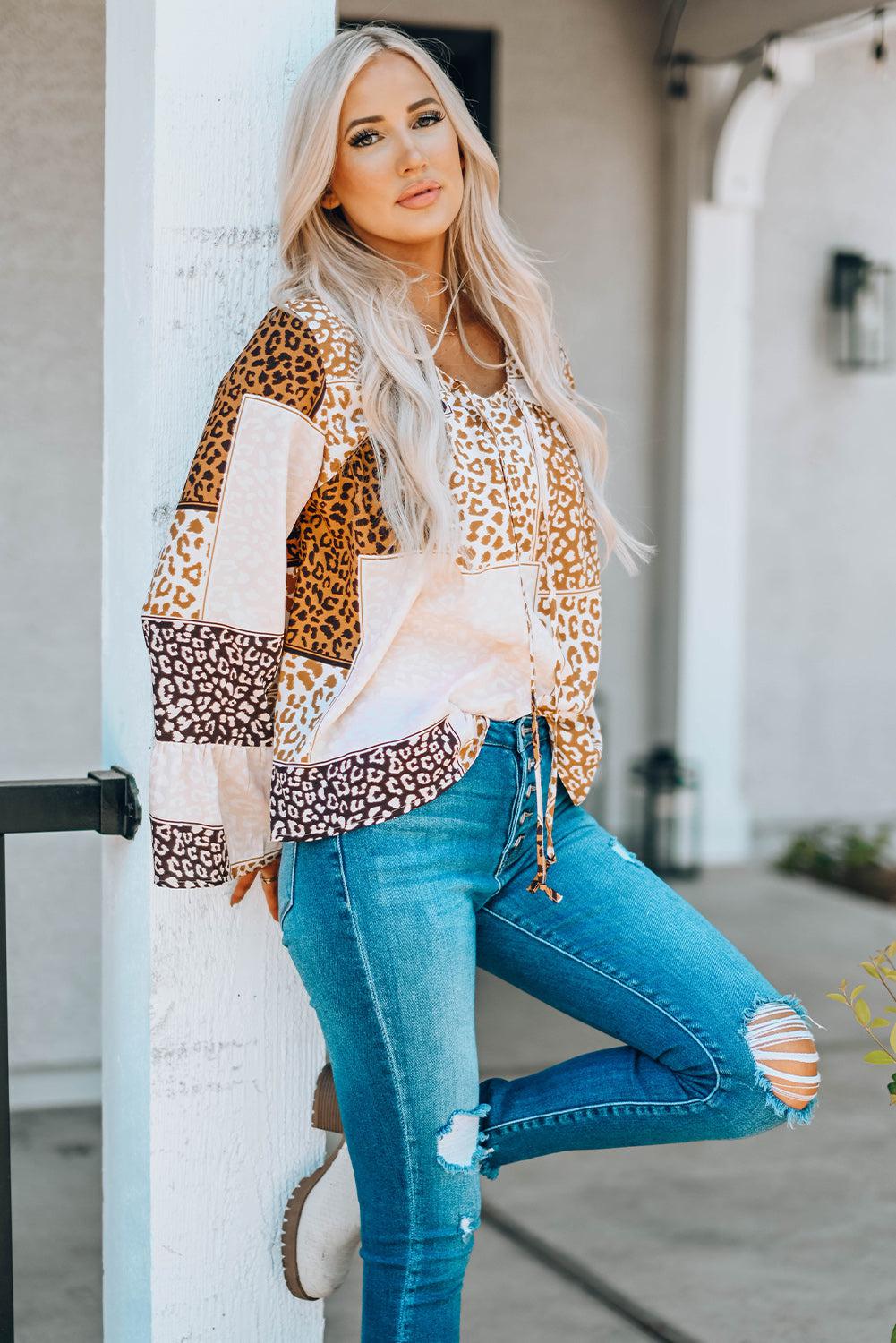 Leopard Patchwork Tied Flare Sleeve Blouse BLUE ZONE PLANET