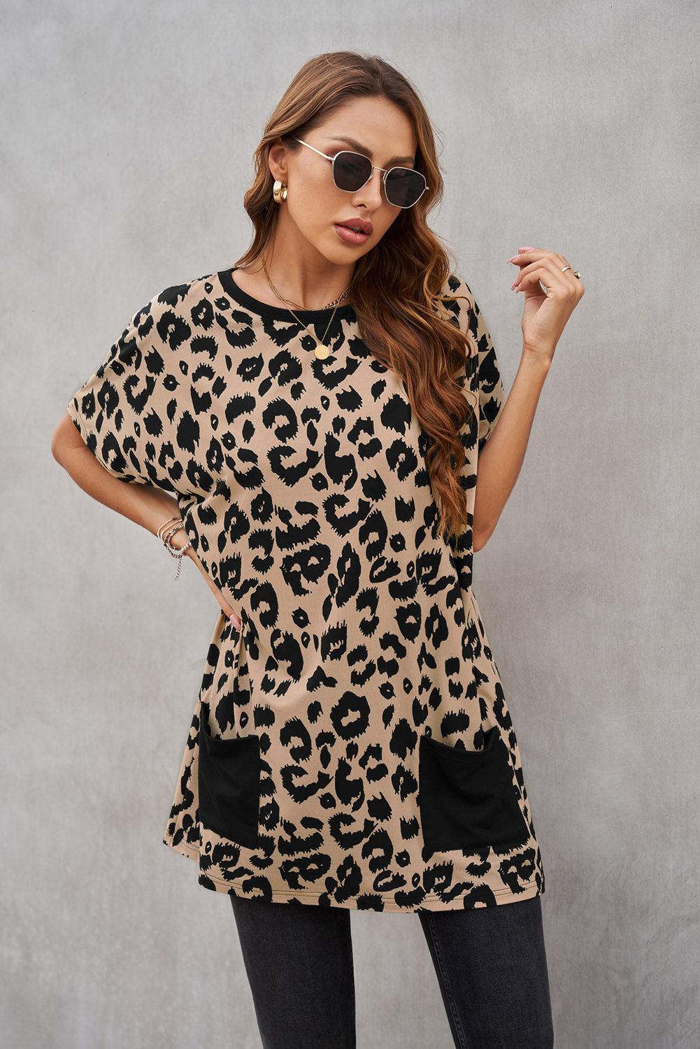 Leopard Pocketed T-Shirt Dress-TOPS / DRESSES-[Adult]-[Female]-Blue Zone Planet