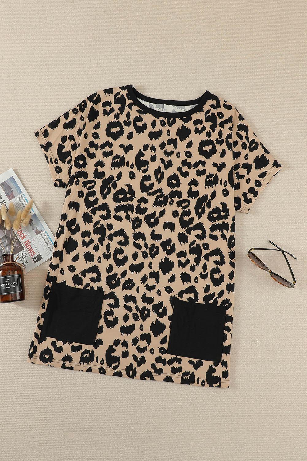 Leopard Pocketed T-Shirt Dress-TOPS / DRESSES-[Adult]-[Female]-Leopard-S-Blue Zone Planet