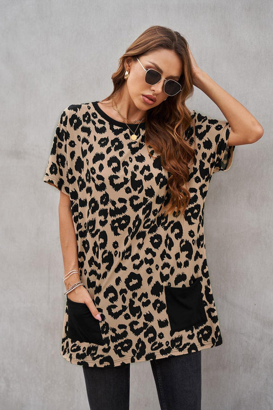 Leopard Pocketed T-Shirt Dress BLUE ZONE PLANET