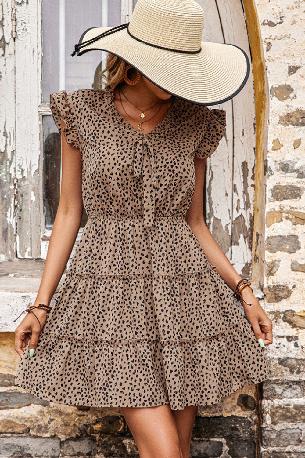 Leopard Print Butterfly Sleeve Tiered Dress BLUE ZONE PLANET