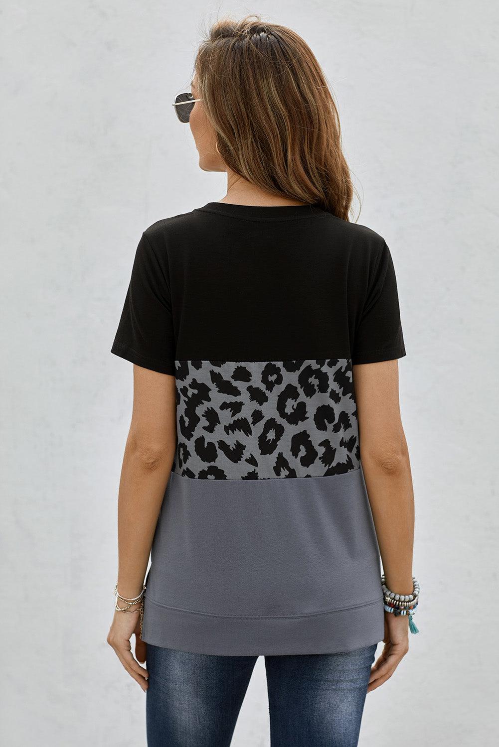 Leopard Print Color Block Short Sleeve T-Shirt BLUE ZONE PLANET