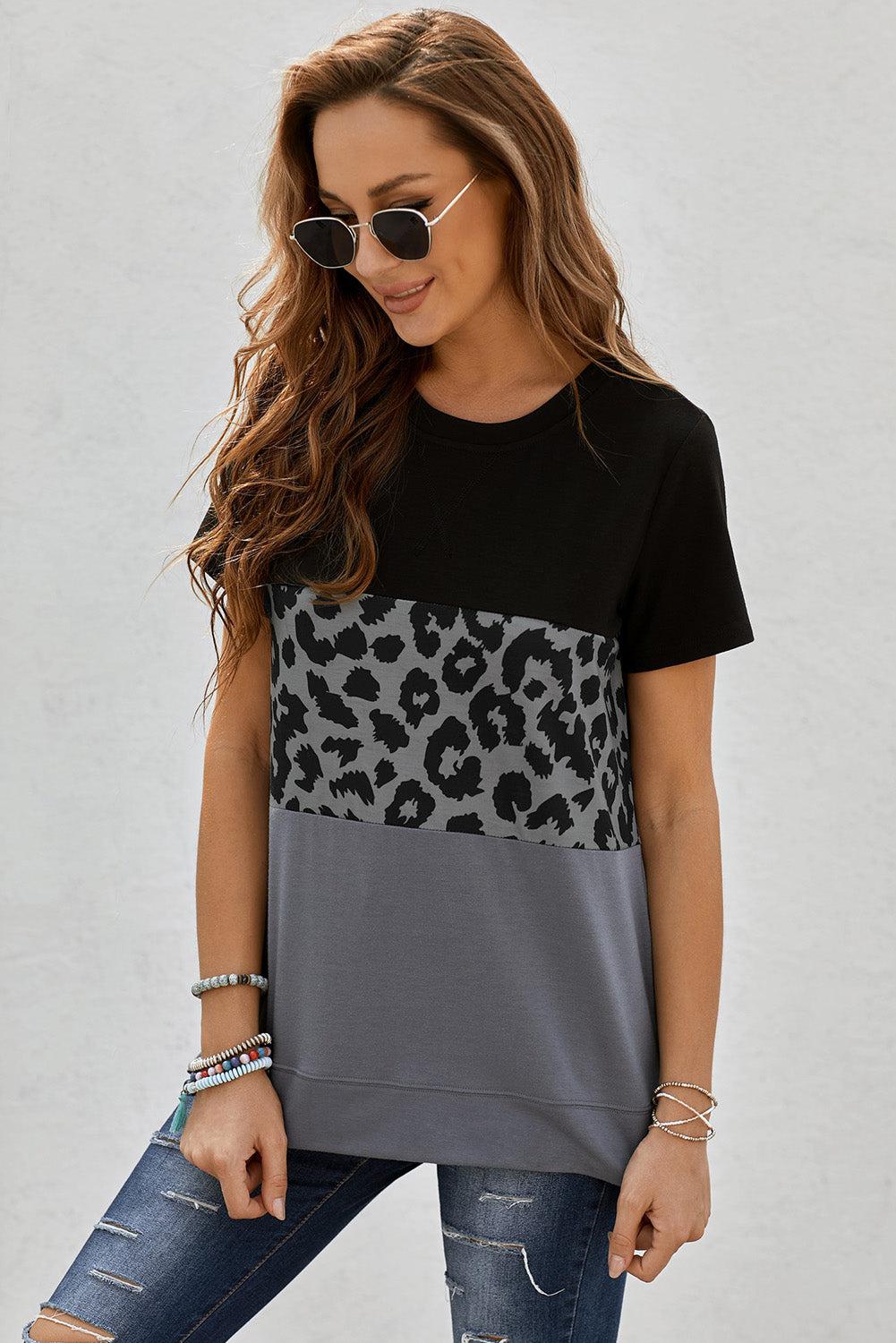 Leopard Print Color Block Short Sleeve T-Shirt BLUE ZONE PLANET