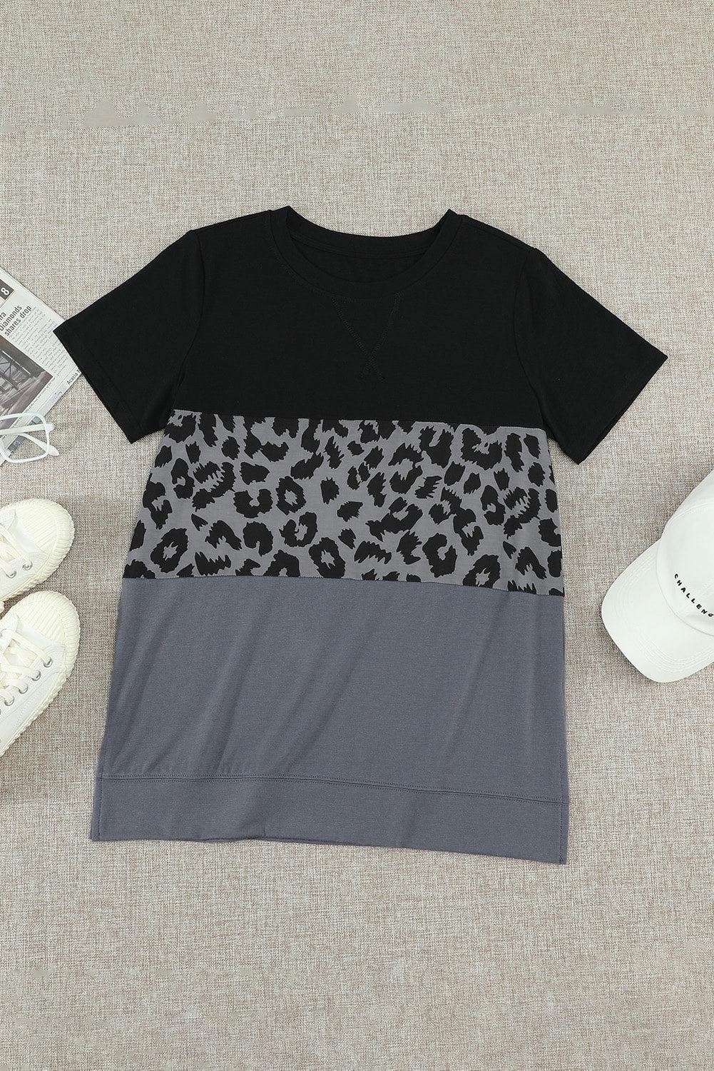 Leopard Print Color Block Short Sleeve T-Shirt BLUE ZONE PLANET