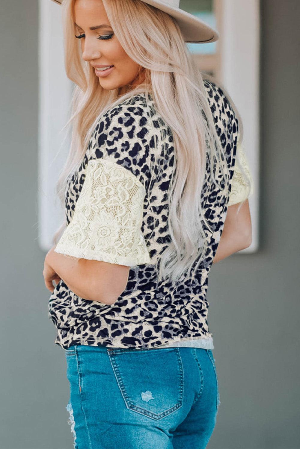 Leopard Print Lace Sleeve Round Neck Tee-TOPS / DRESSES-[Adult]-[Female]-Blue Zone Planet