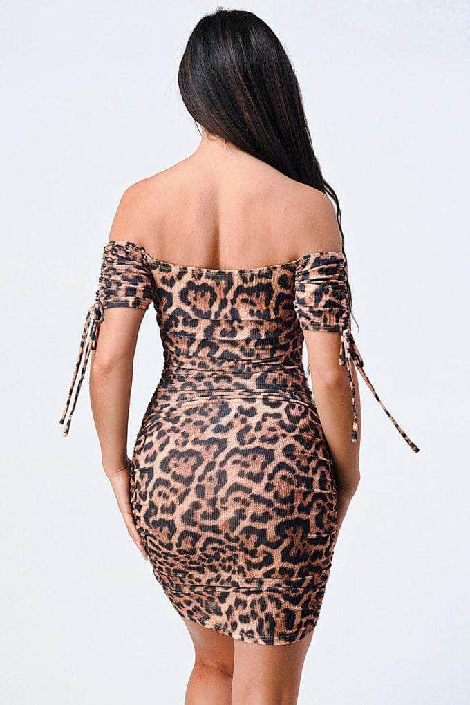 Leopard Print Off Shoulder Shirring Bodycon Dress Blue Zone Planet