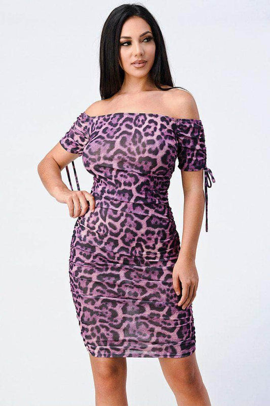Leopard Print Off Shoulder Shirring Bodycon Dress Blue Zone Planet