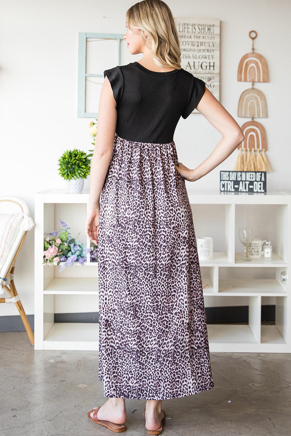 Leopard Print Round Neck Maxi Dress with Pockets BLUE ZONE PLANET