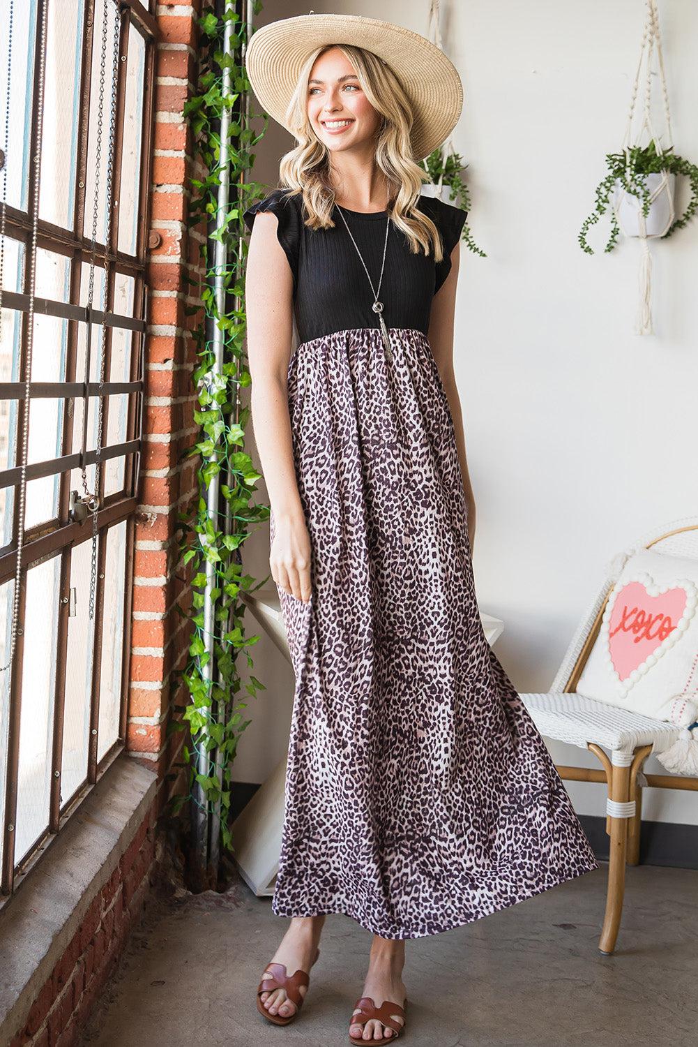 Leopard Print Round Neck Maxi Dress with Pockets BLUE ZONE PLANET