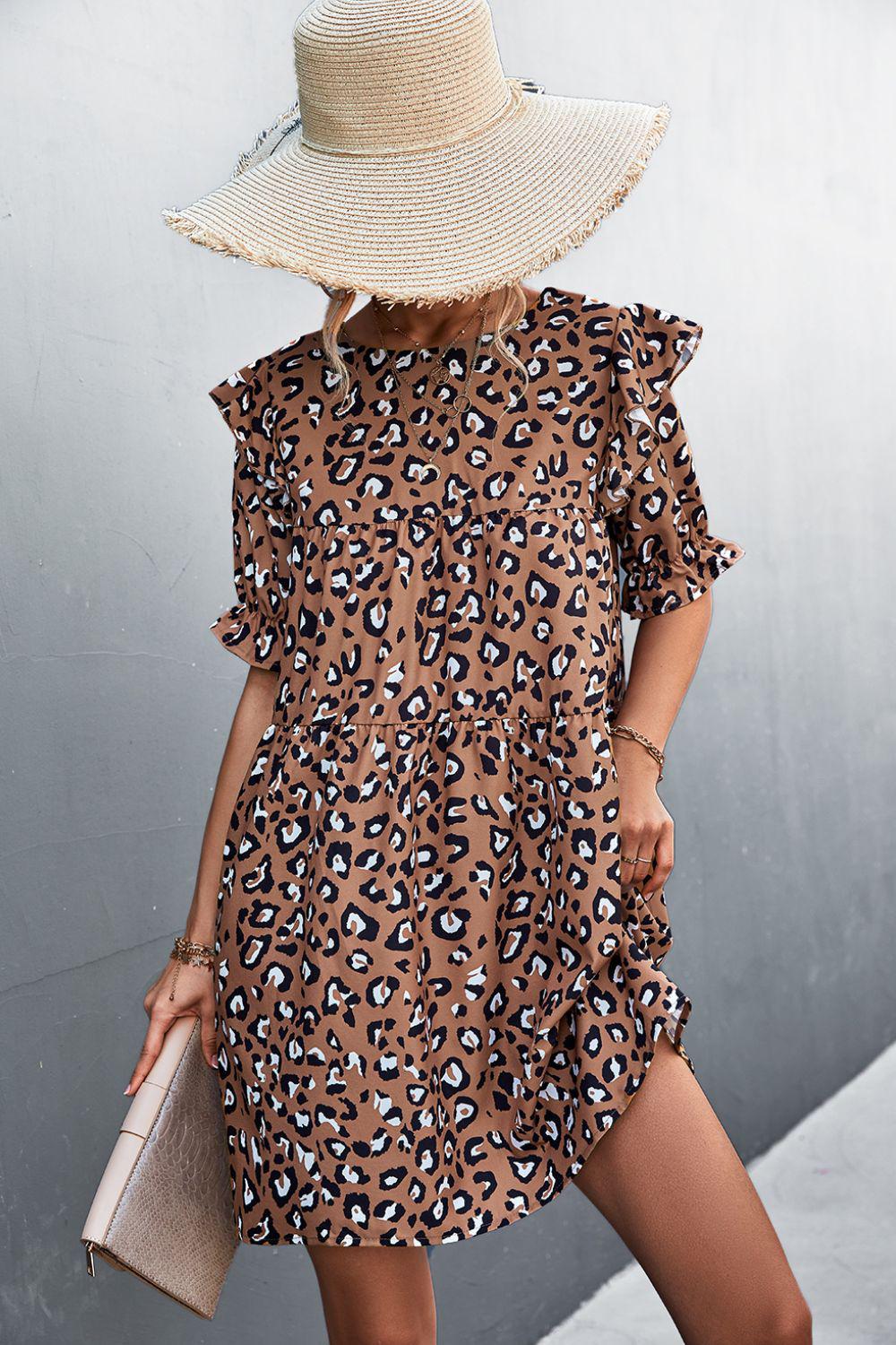 Leopard Print Ruffle Shoulder Mini Dress-TOPS / DRESSES-[Adult]-[Female]-Blue Zone Planet