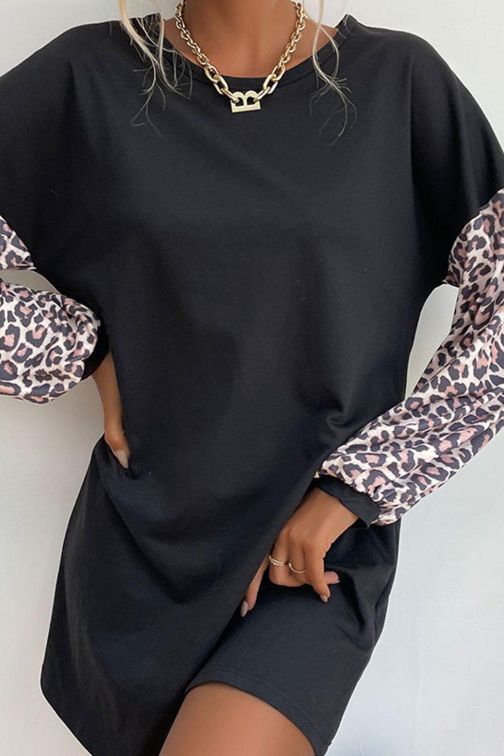 Leopard Print Sleeve Sweatshirt Dress-TOPS / DRESSES-[Adult]-[Female]-Blue Zone Planet