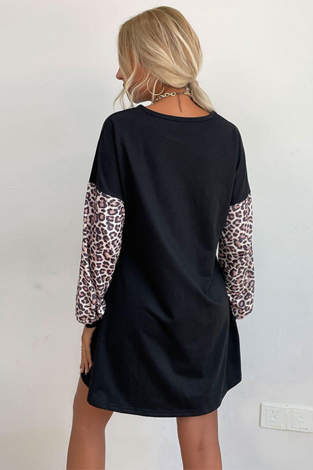 Leopard Print Sleeve Sweatshirt Mini Dress BLUE ZONE PLANET