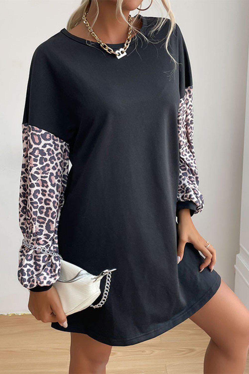 Leopard Print Sleeve Sweatshirt Dress-TOPS / DRESSES-[Adult]-[Female]-Black-S-Blue Zone Planet