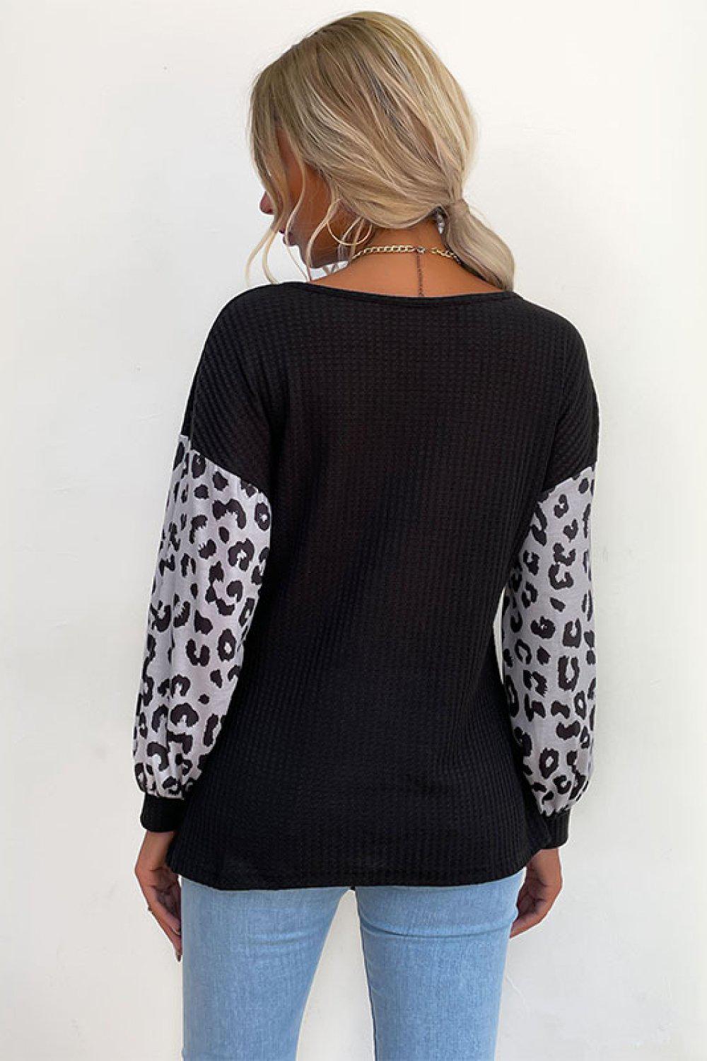 Leopard Print Sleeve Tie Front Top BLUE ZONE PLANET