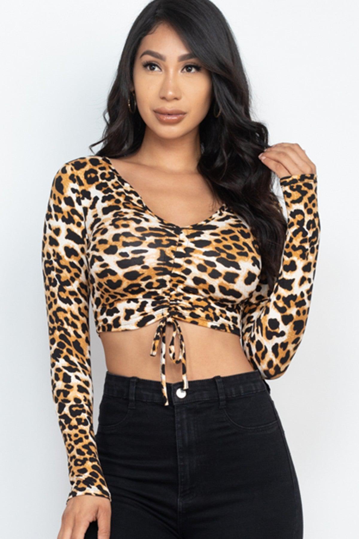 Leopard Print Strap Ruched Front Crop Top-CROP TOP-[Adult]-[Female]-2022 Blue Zone Planet Online Store