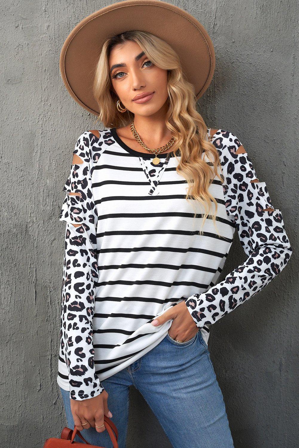 Leopard Print Striped Distressed Long Sleeve Tee-TOPS / DRESSES-[Adult]-[Female]-White-S-Blue Zone Planet