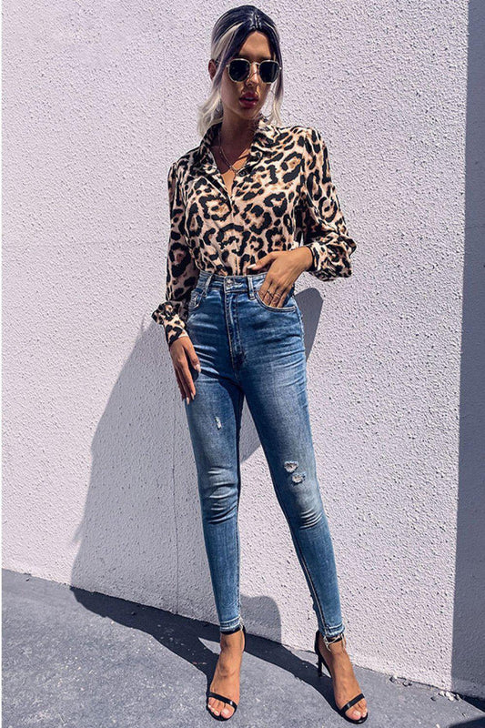 Leopard Printed Button Down Blouse BLUE ZONE PLANET