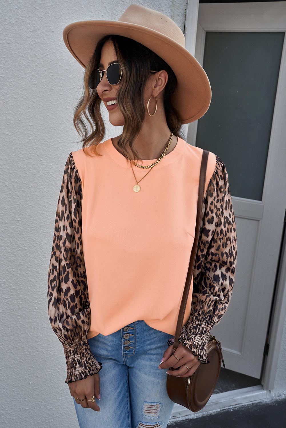 Leopard Puff Sleeve Spliced Top-TOPS / DRESSES-[Adult]-[Female]-Peach-S-Blue Zone Planet