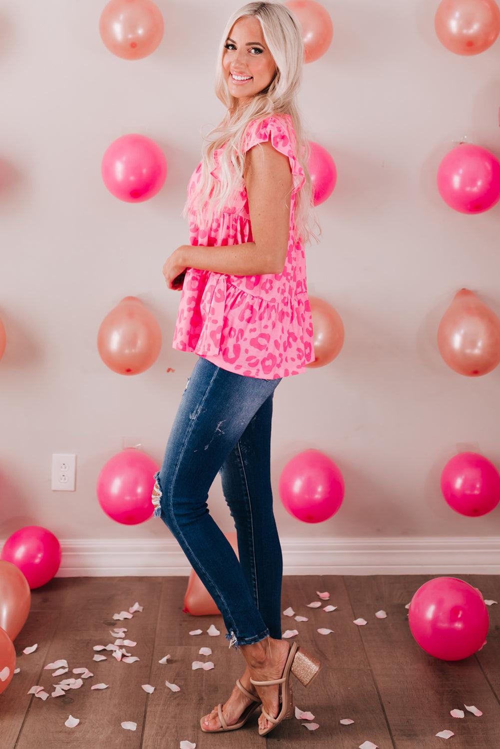 Leopard Round Neck Tiered Blouse BLUE ZONE PLANET