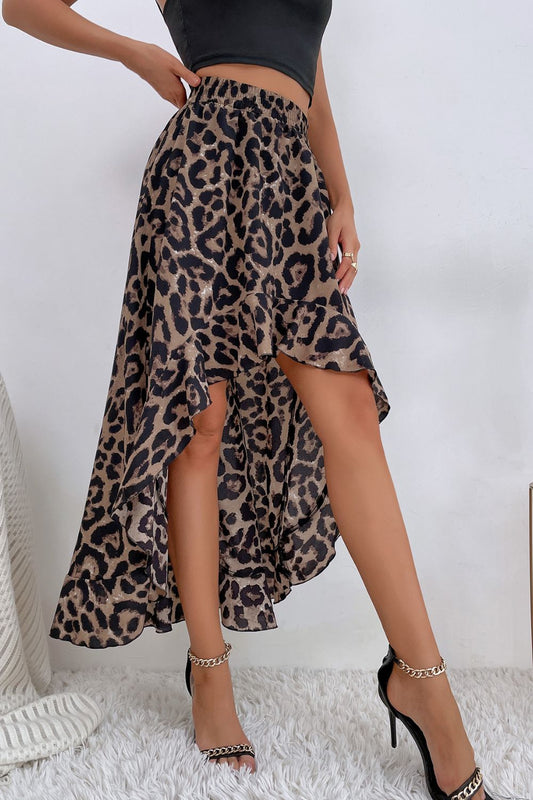 Leopard Ruffle Hem High-Low Skirt BLUE ZONE PLANET