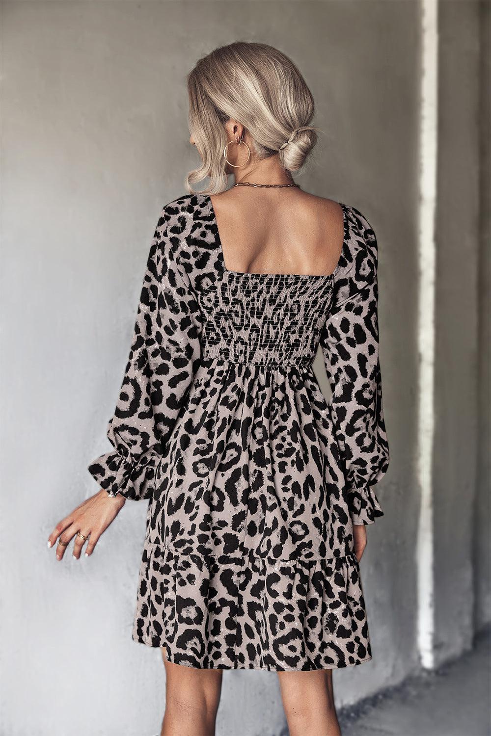 Leopard Smocked Flounce Sleeve Tiered Dress-TOPS / DRESSES-[Adult]-[Female]-Blue Zone Planet