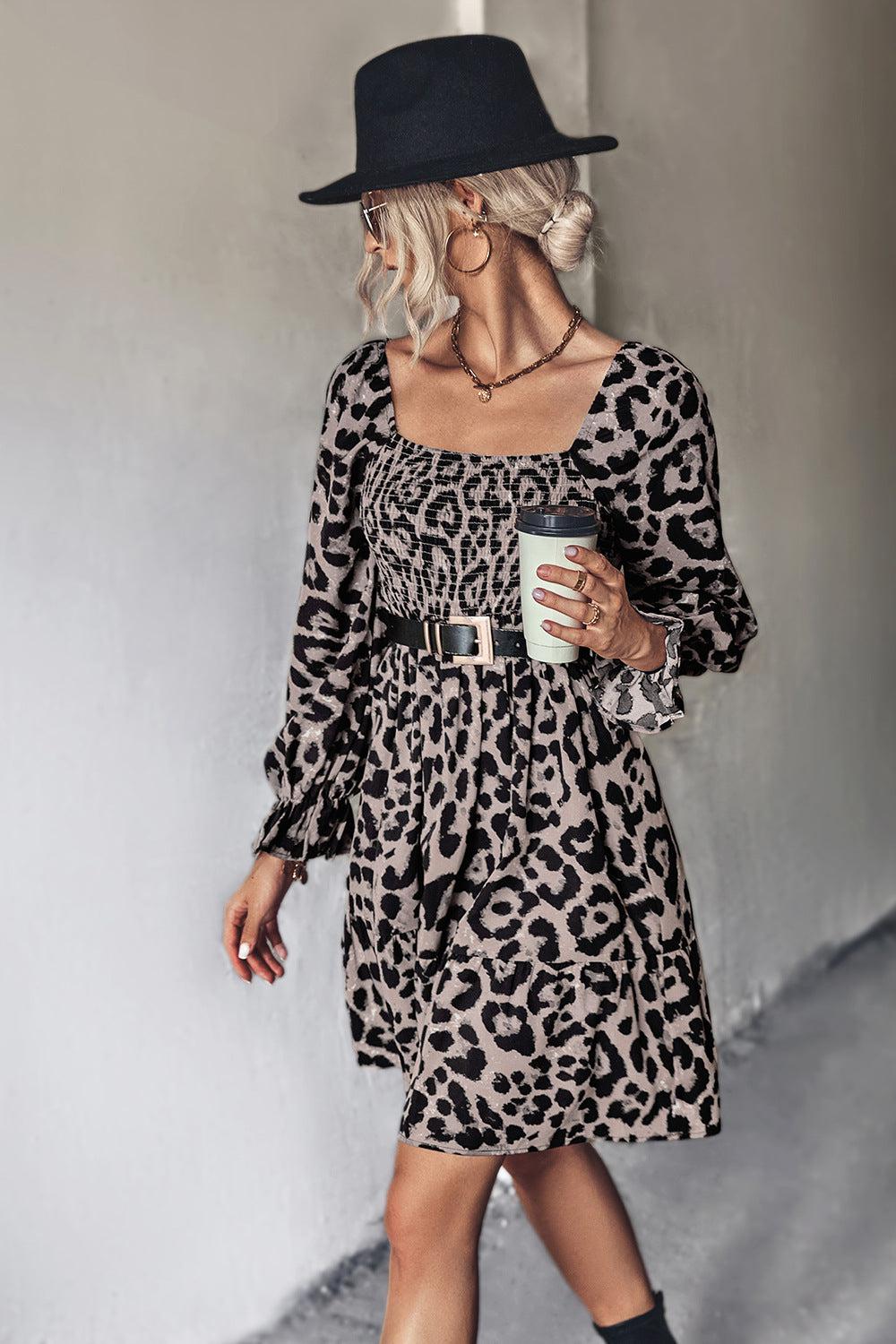 Leopard Smocked Flounce Sleeve Tiered Dress-TOPS / DRESSES-[Adult]-[Female]-Blue Zone Planet