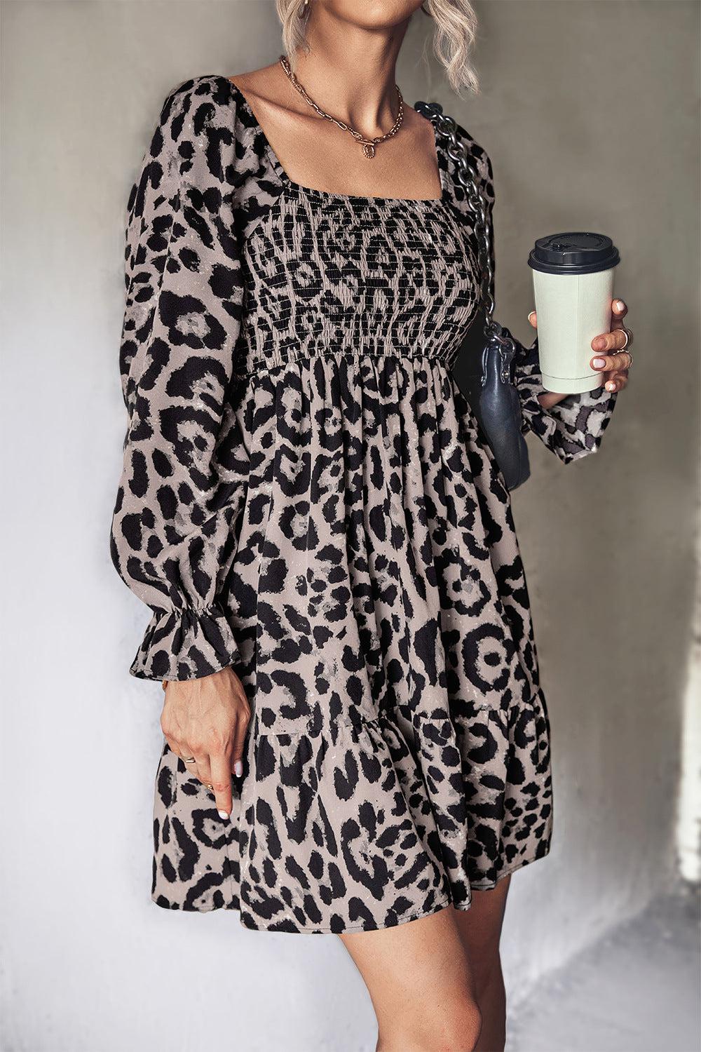 Leopard Smocked Flounce Sleeve Tiered Dress-TOPS / DRESSES-[Adult]-[Female]-Blue Zone Planet