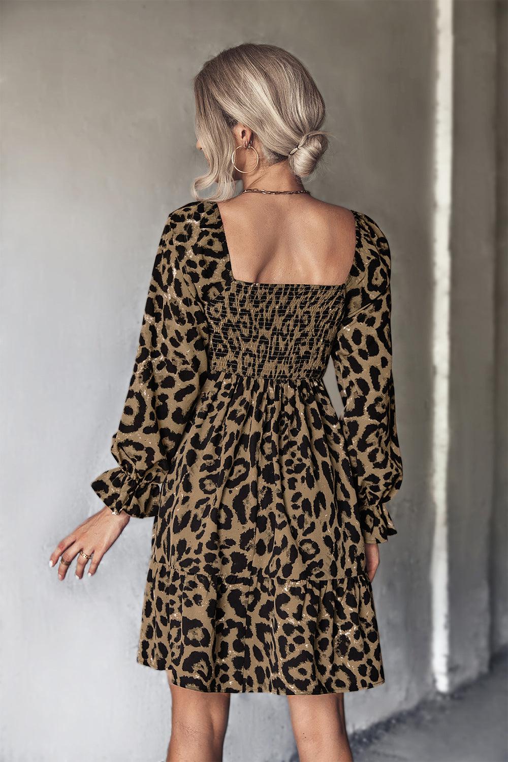 Leopard Smocked Flounce Sleeve Tiered Dress-TOPS / DRESSES-[Adult]-[Female]-Blue Zone Planet