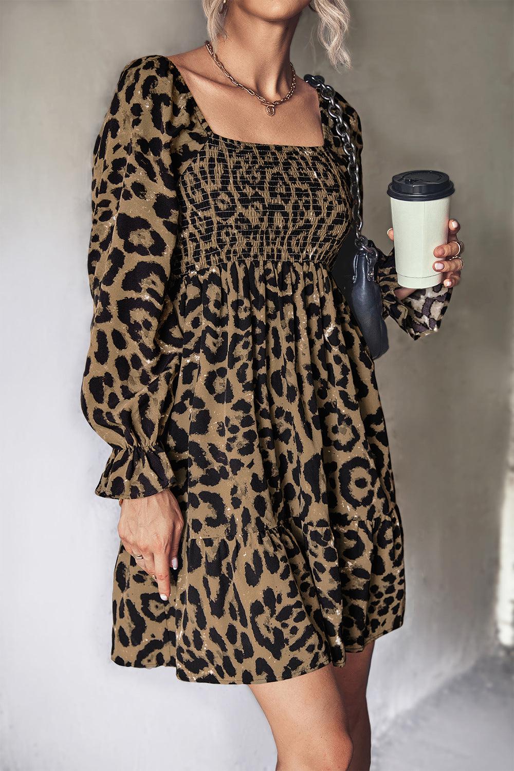 Leopard Smocked Flounce Sleeve Tiered Dress-TOPS / DRESSES-[Adult]-[Female]-Blue Zone Planet